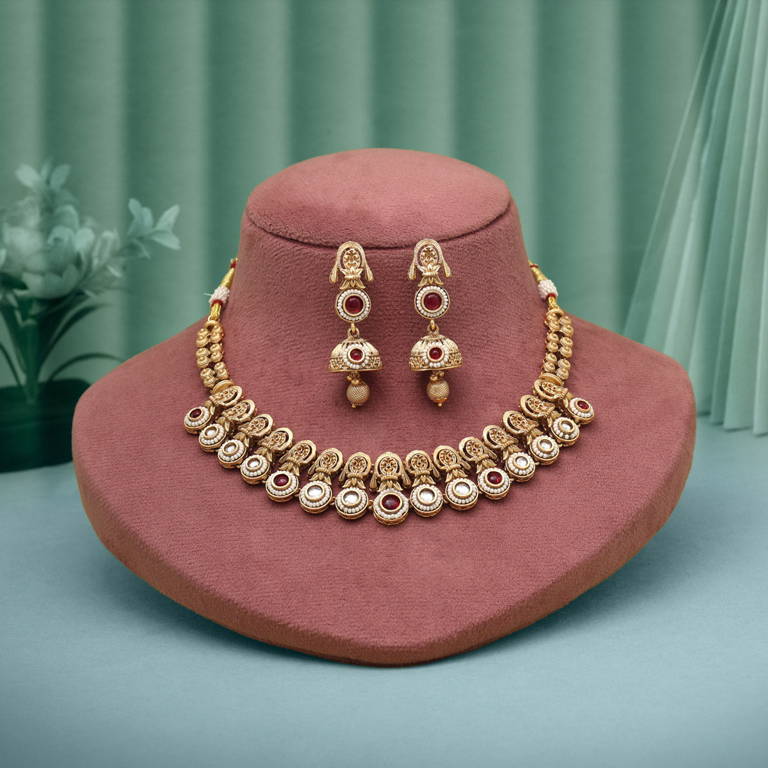 Rani Color Matte Gold Rajwadi Temple Necklace Set