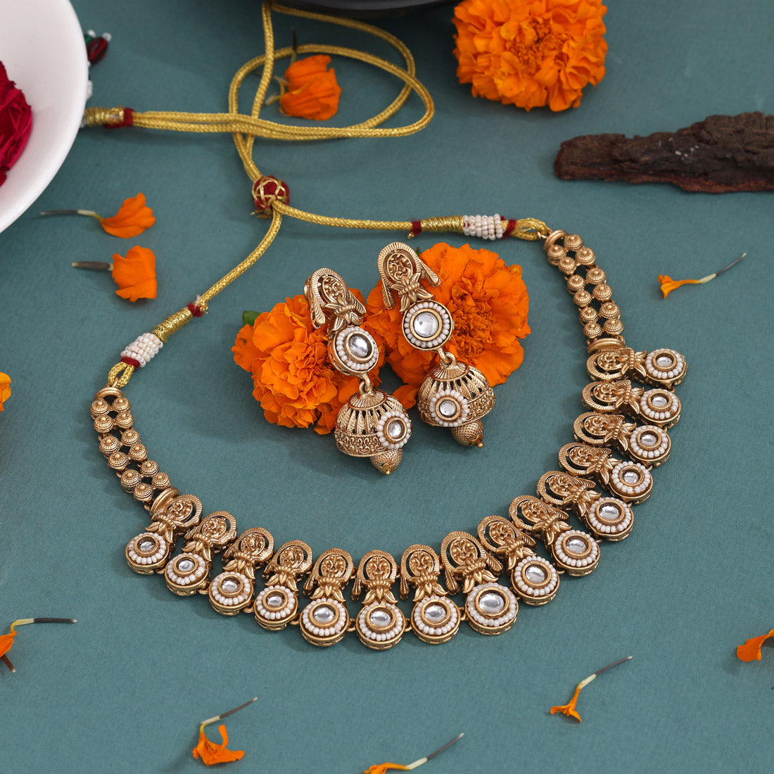 White Color Matte Gold Rajwadi Temple Necklace Set