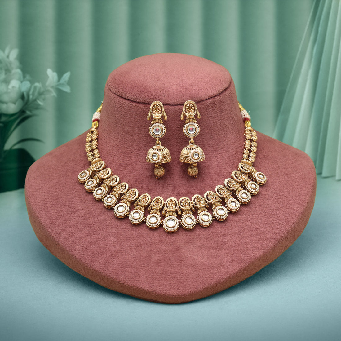 White Color Matte Gold Rajwadi Temple Necklace Set