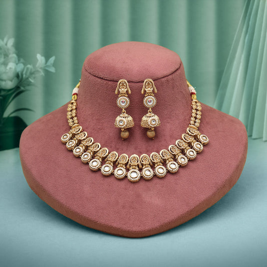 White Color Matte Gold Rajwadi Temple Necklace Set
