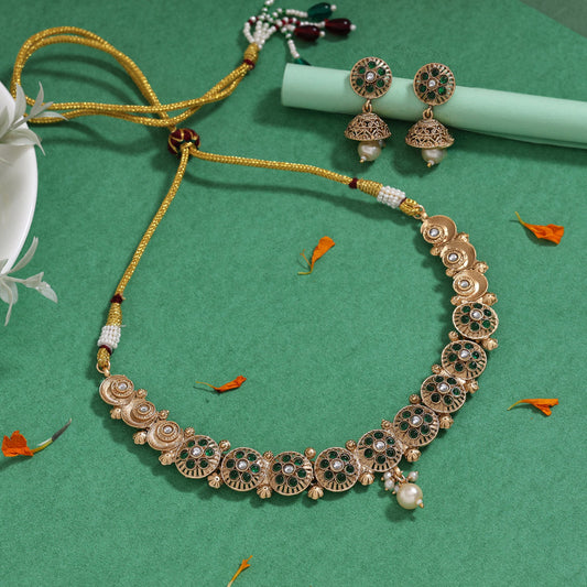 Green Color Matte Gold Rajwadi Temple Necklace Set