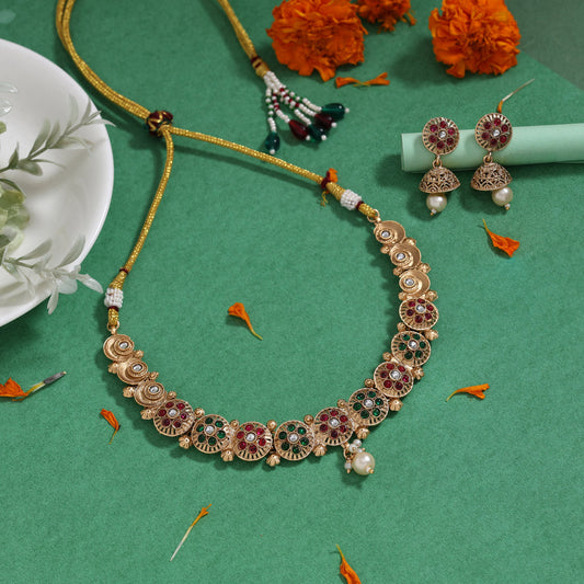 Rani & Green Color Matte Gold Rajwadi Temple Necklace Set