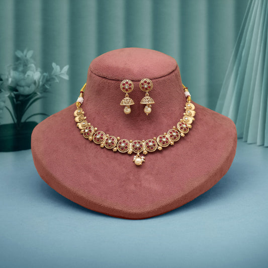 Rani Color Matte Gold Rajwadi Temple Necklace Set