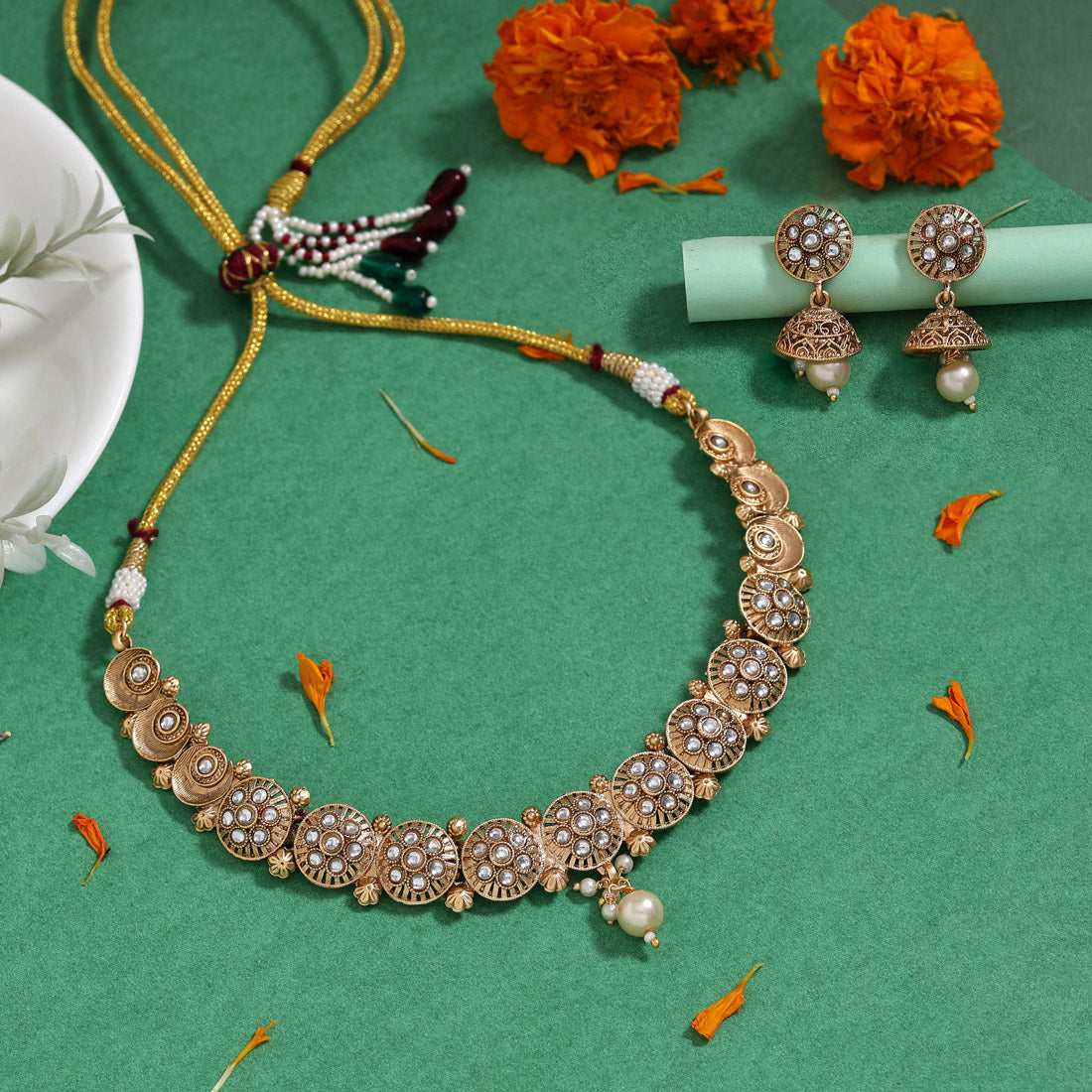 White Color Matte Gold Rajwadi Temple Necklace Set