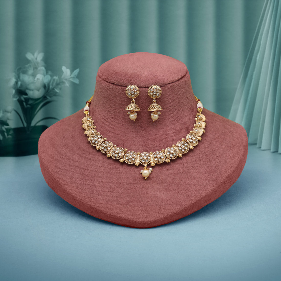 White Color Matte Gold Rajwadi Temple Necklace Set