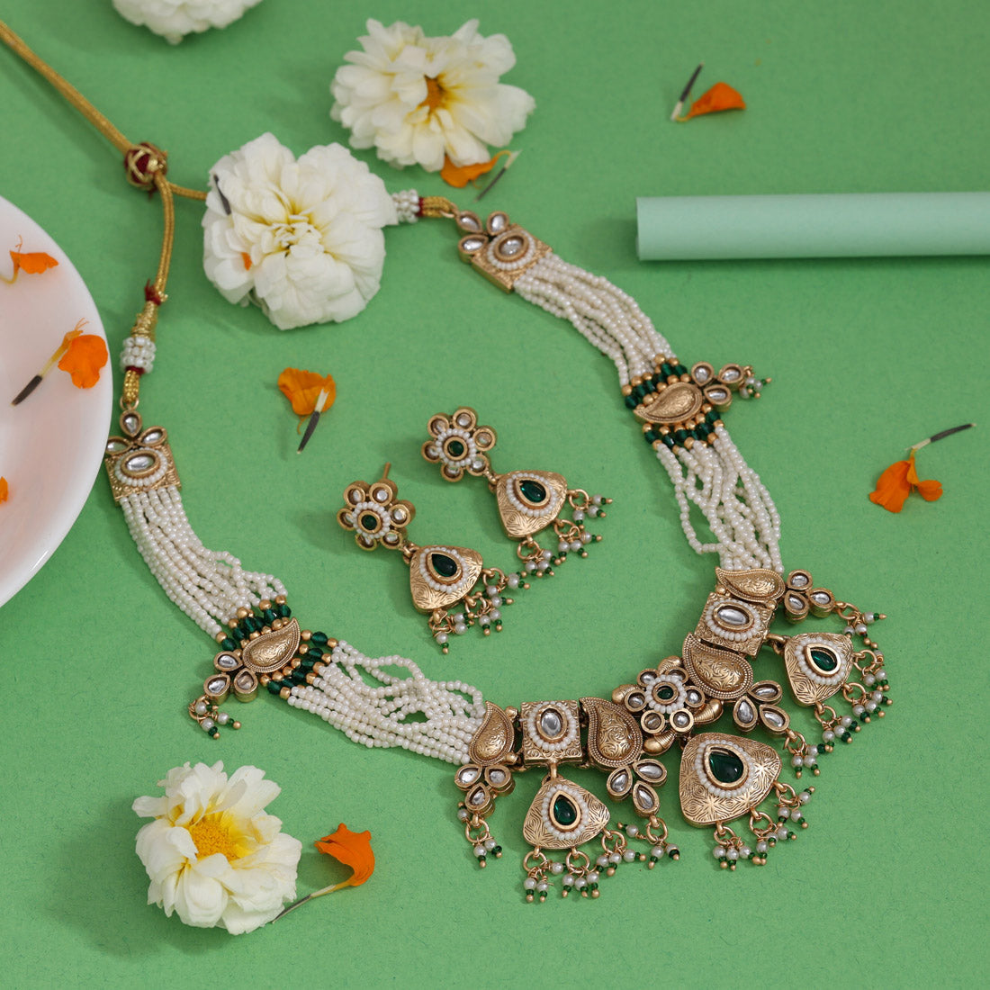 Green Color Matte Gold Rajwadi Temple Necklace Set