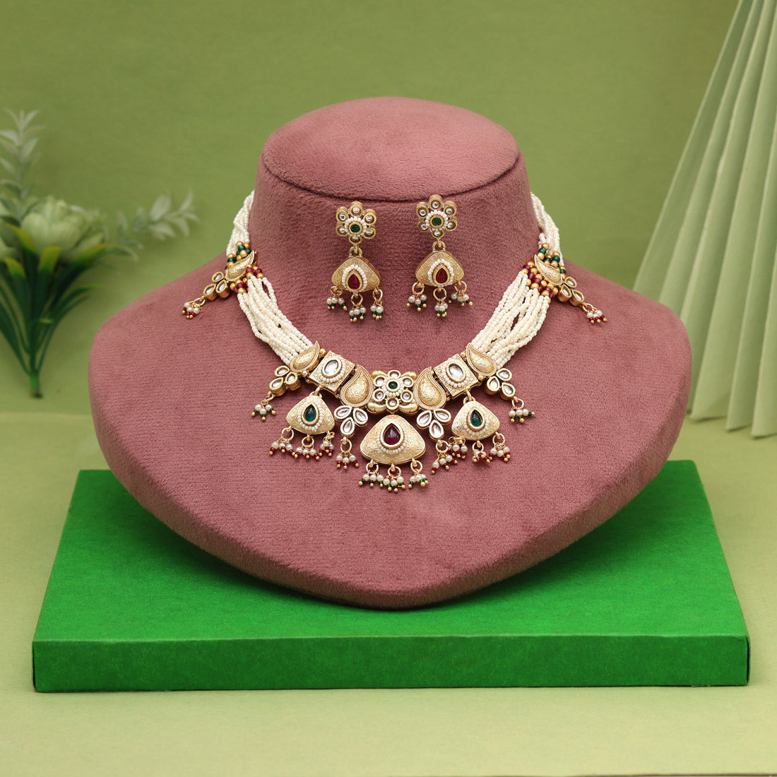 Rani & Green Color Matte Gold Rajwadi Temple Necklace Set