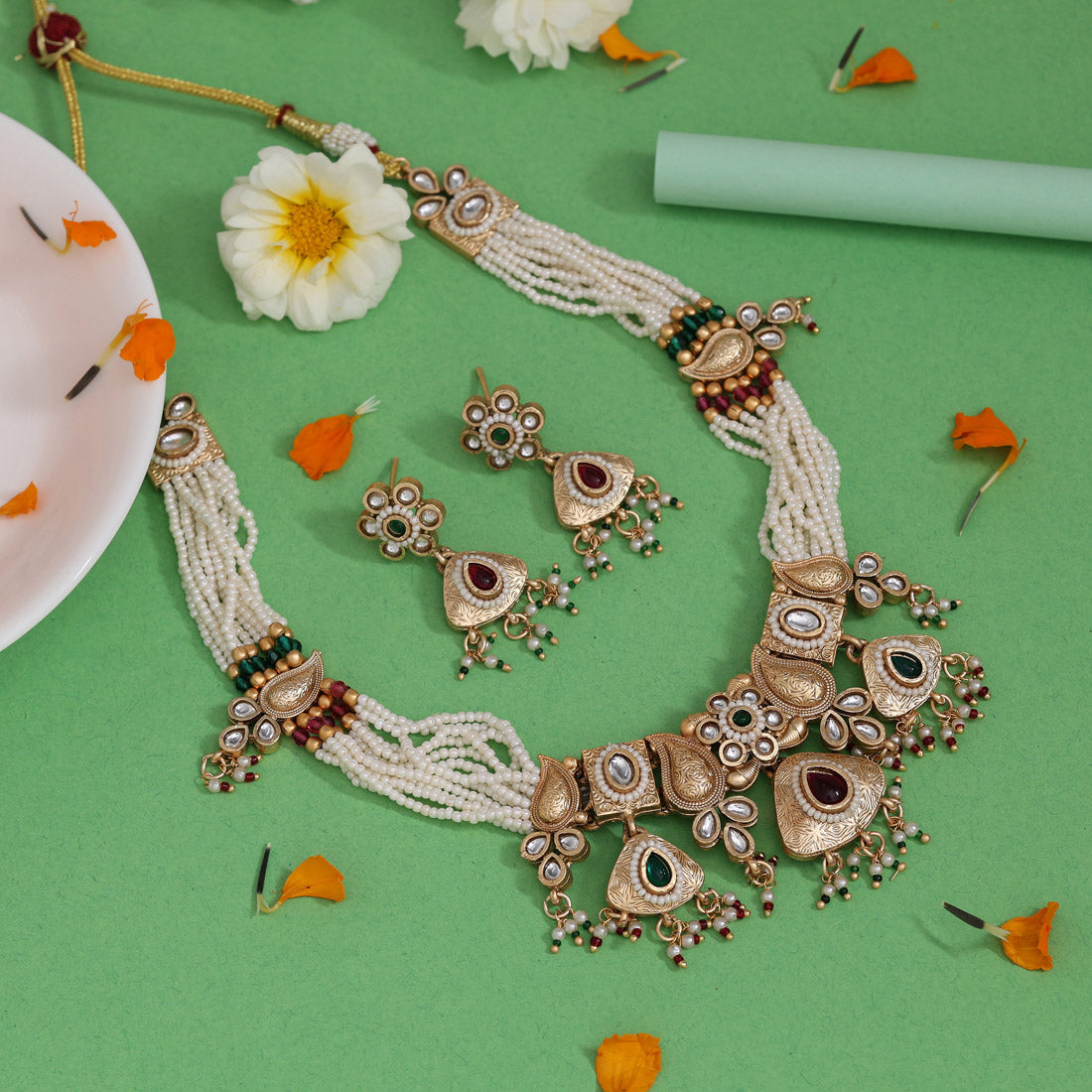 Rani & Green Color Matte Gold Rajwadi Temple Necklace Set