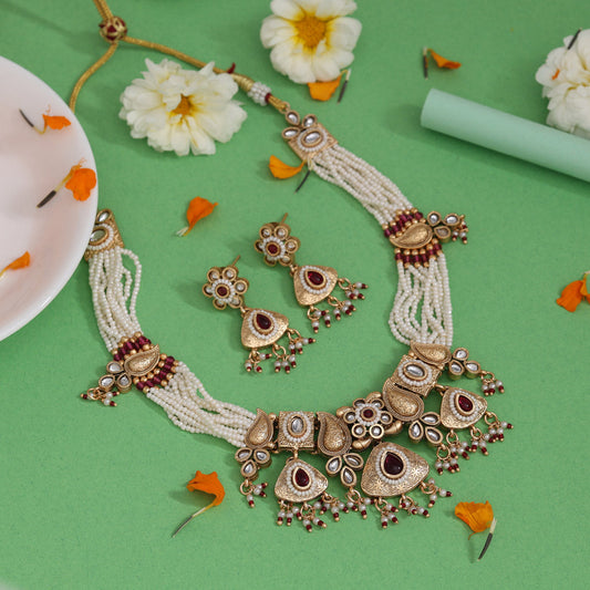 Rani Color Matte Gold Rajwadi Temple Necklace Set