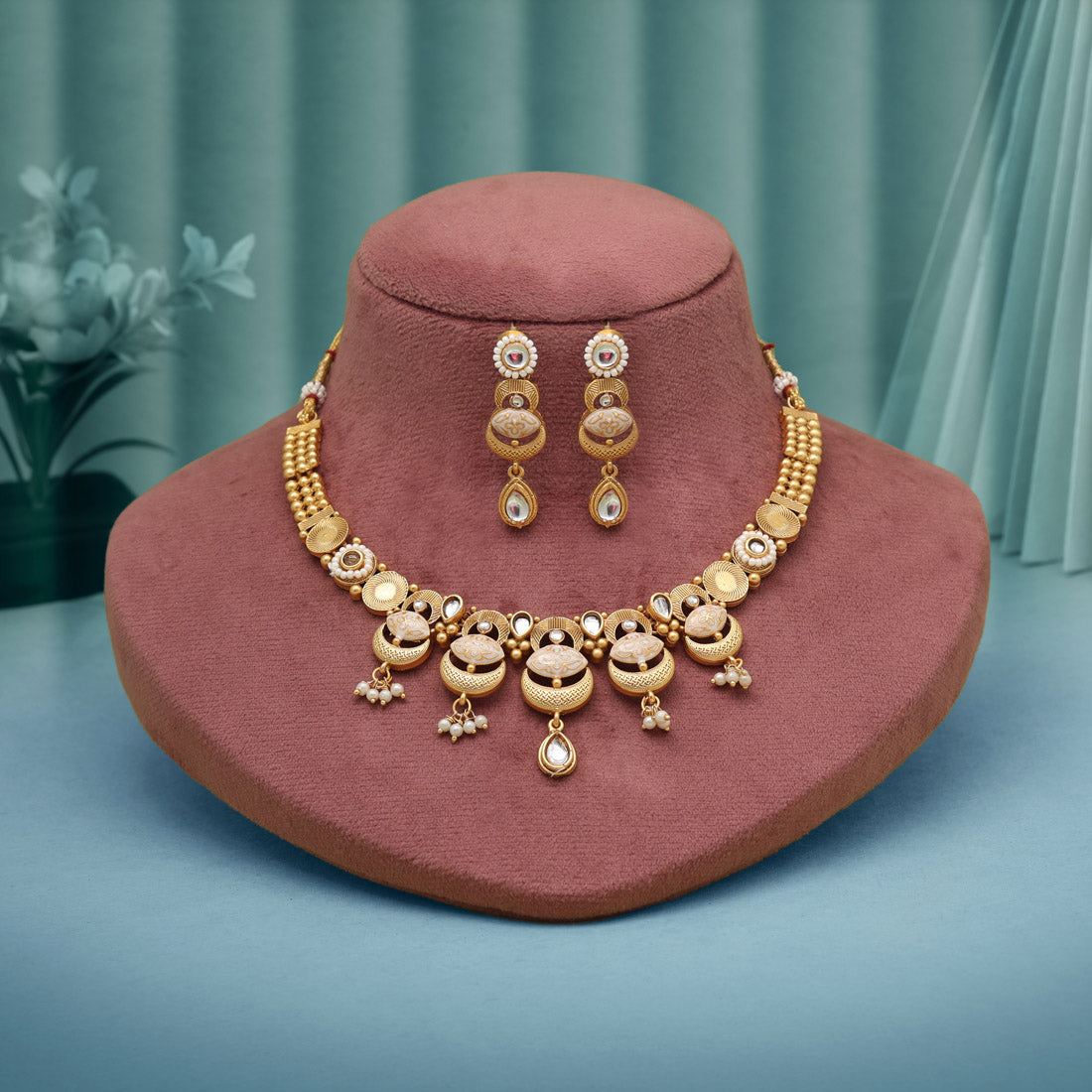 White Color Matte Gold Rajwadi Temple Necklace Set