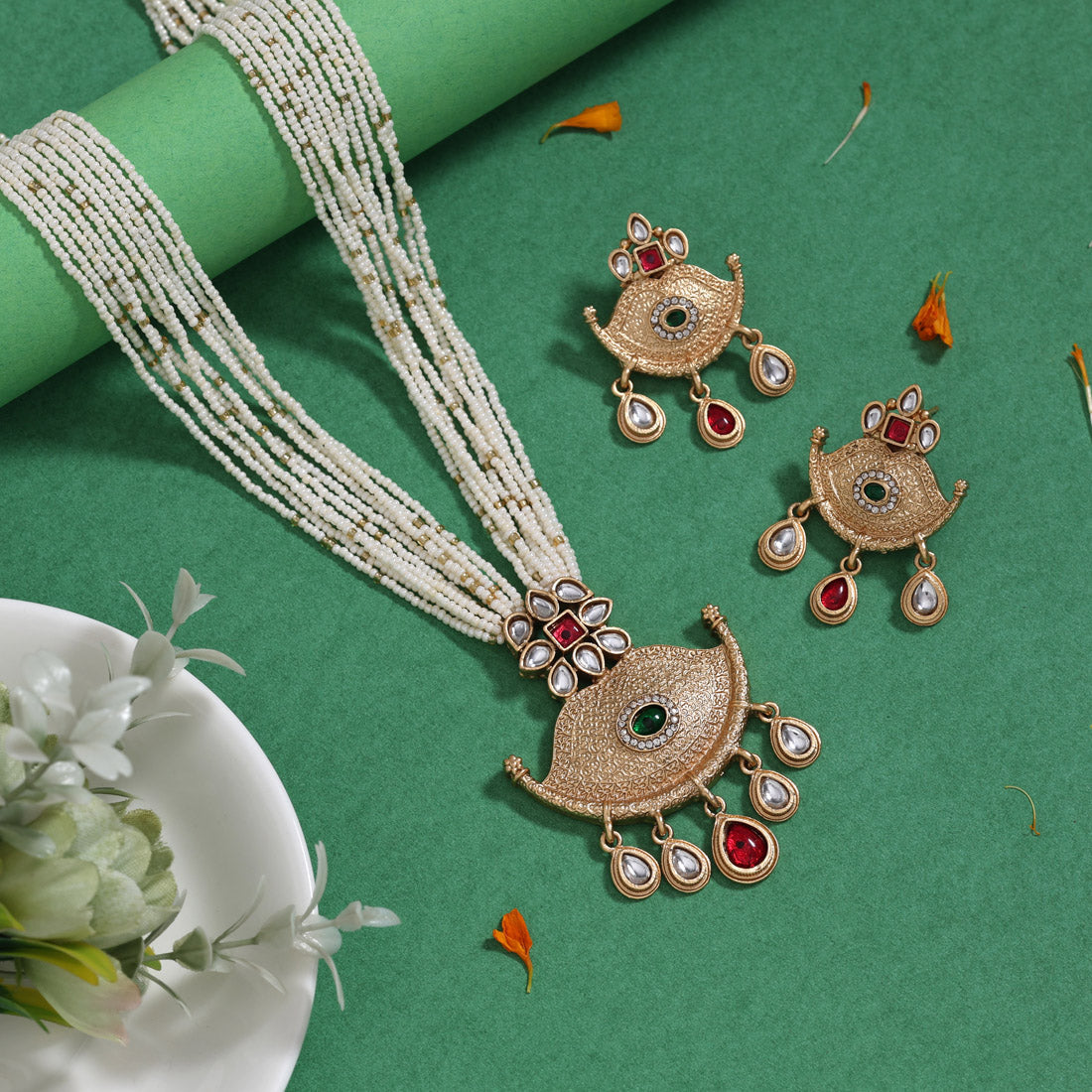 Rani & Green Color Matte Gold Rajwadi Temple Necklace Set