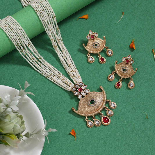 Rani & Green Color Matte Gold Rajwadi Temple Necklace Set