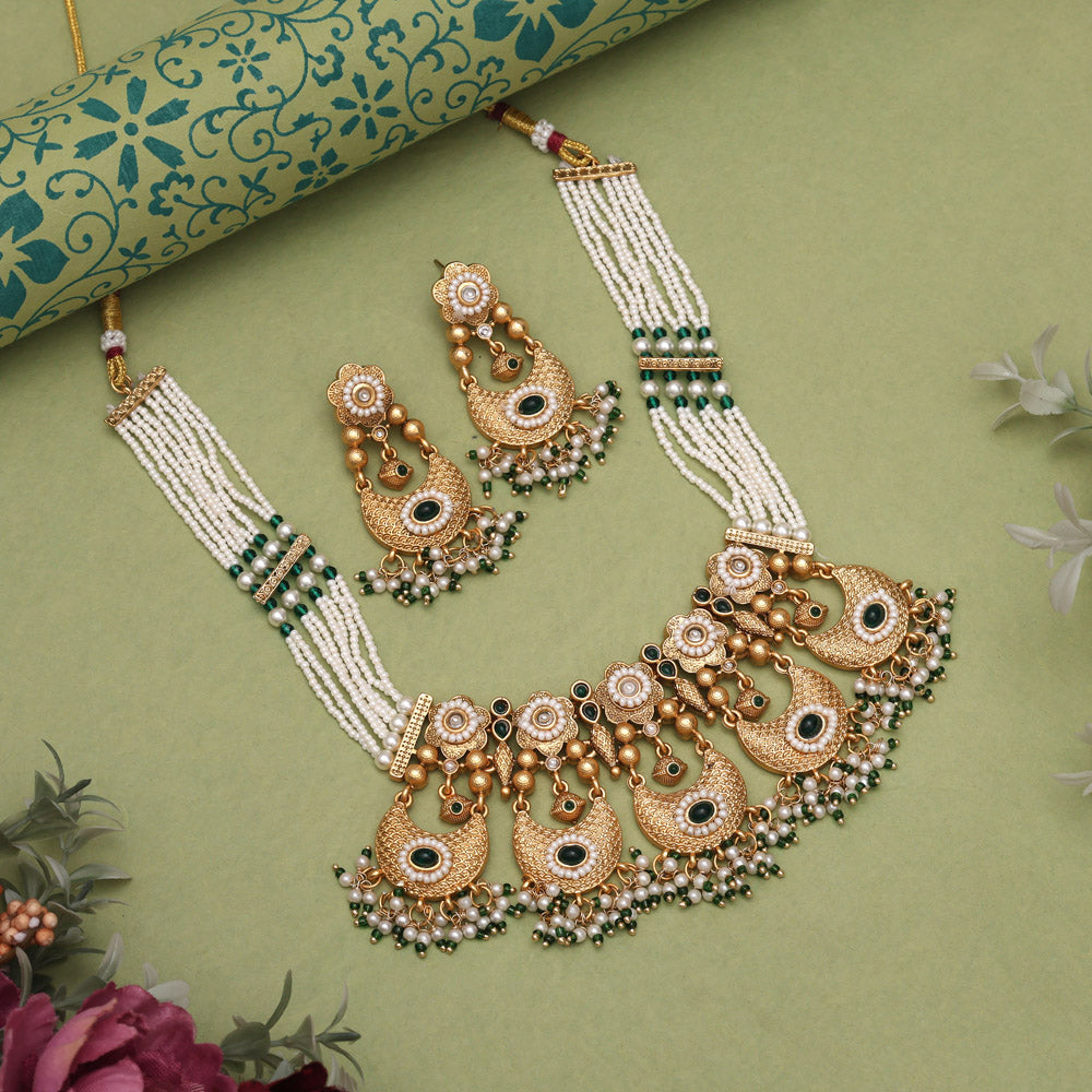 Green Color Festive Matte Gold Rajwadi Temple Necklace Set