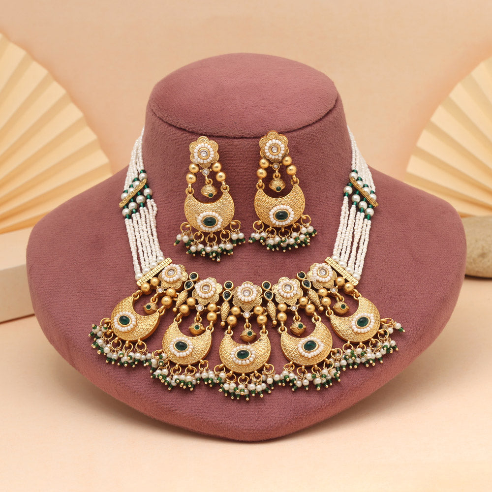 Green Color Festive Matte Gold Rajwadi Temple Necklace Set