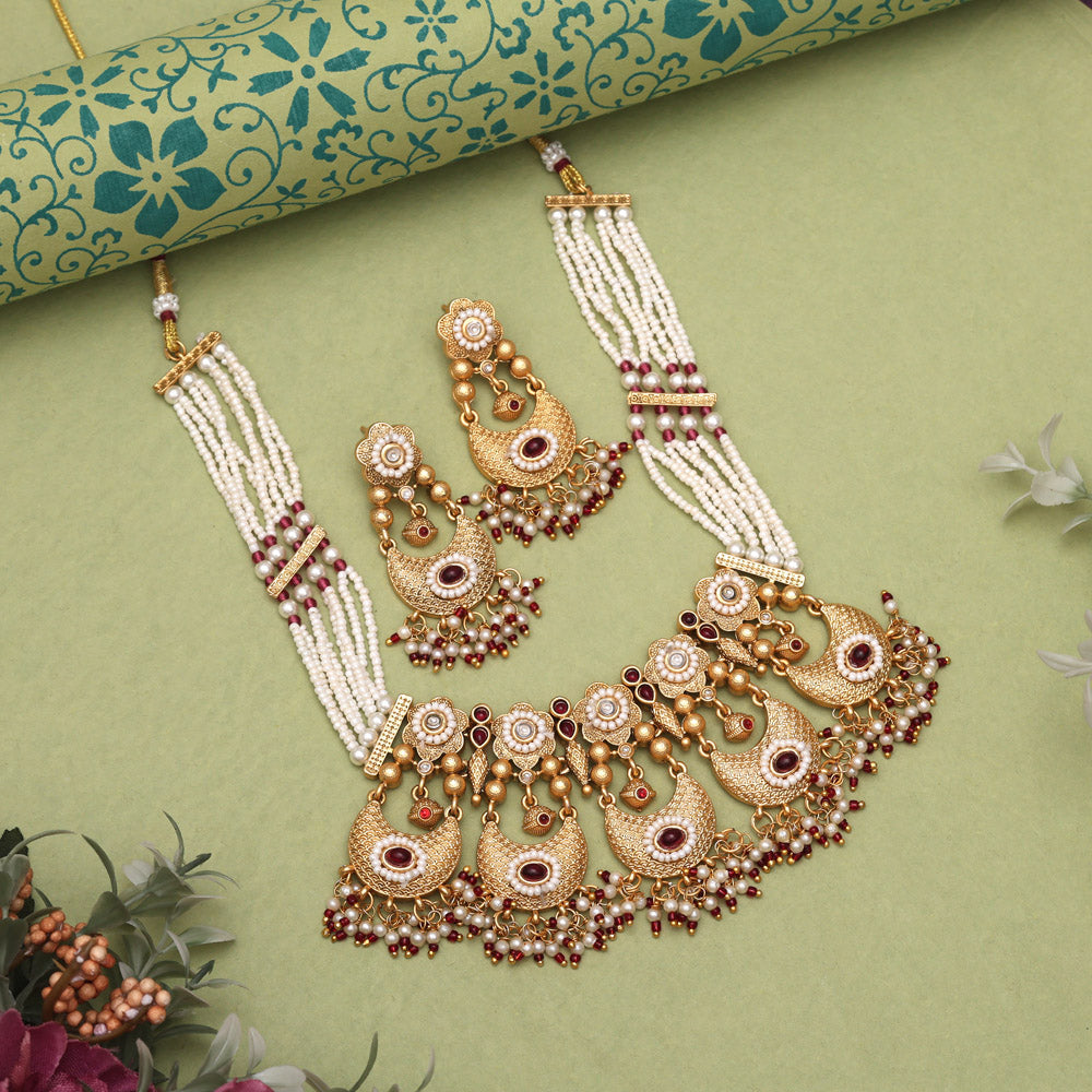 Maroon Color Traditional Matte Gold Rajwadi Temple Necklace Set