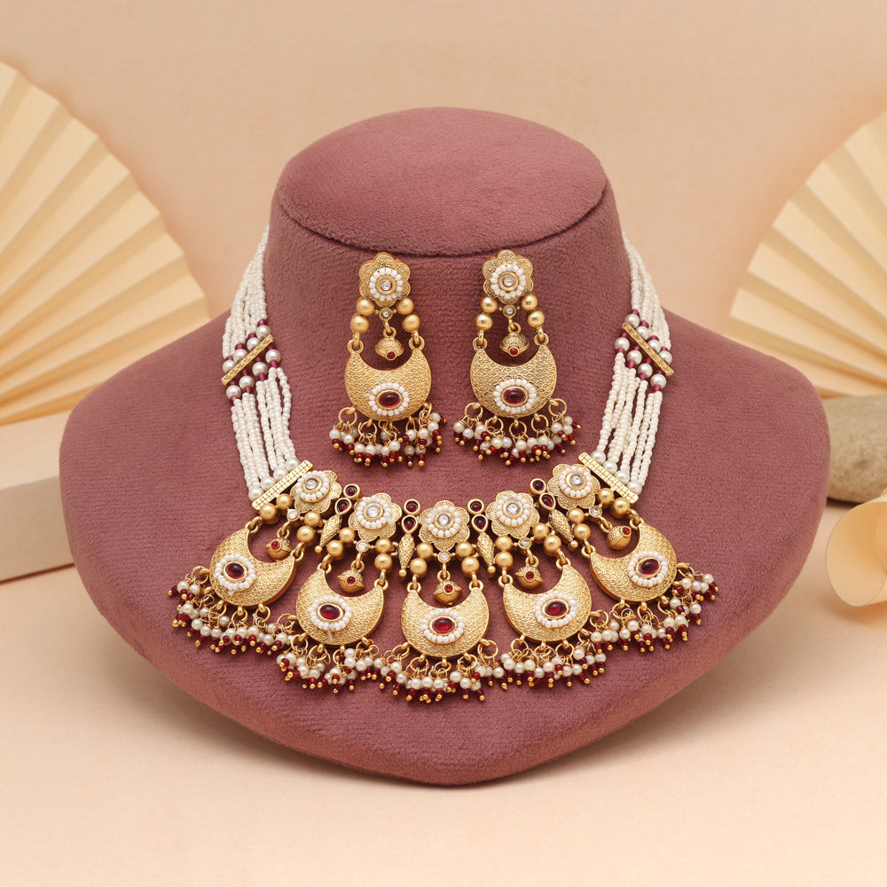 Maroon Color Traditional Matte Gold Rajwadi Temple Necklace Set