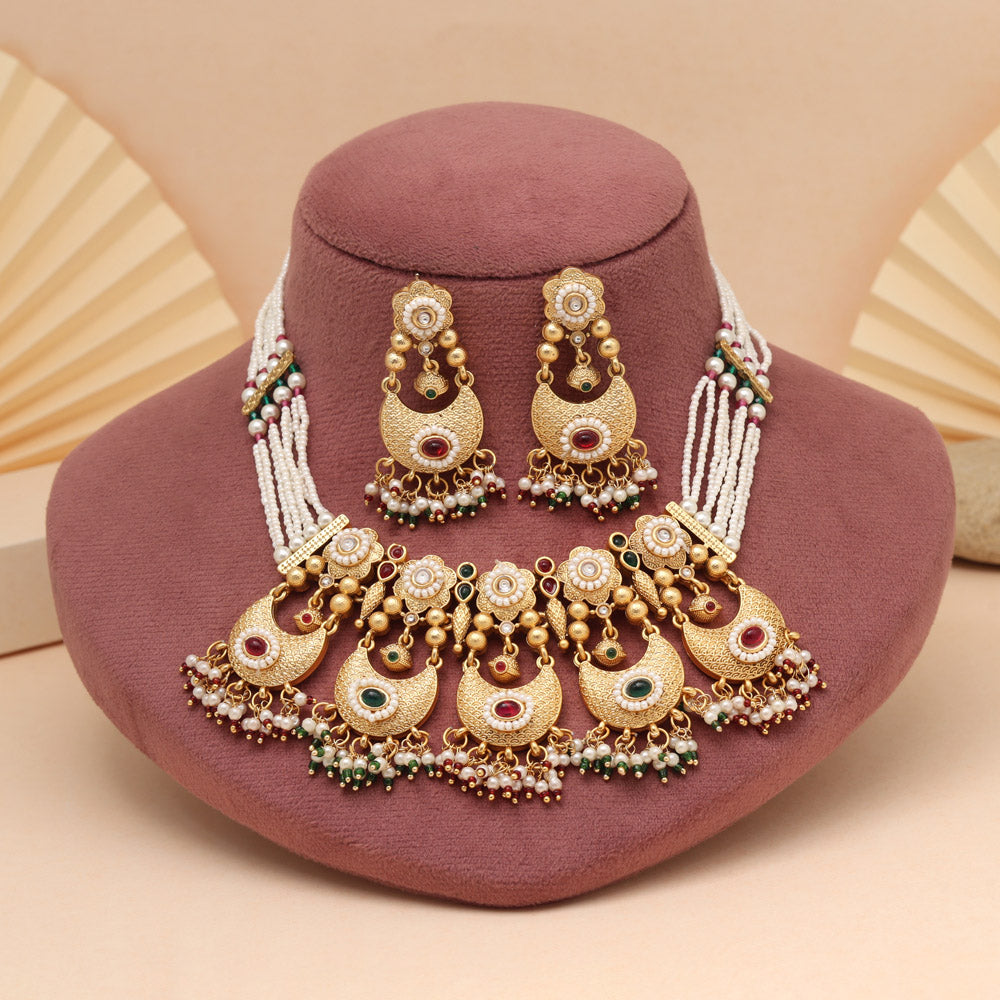 Rani & Green Color Designer Matte Gold Rajwadi Temple Necklace Set