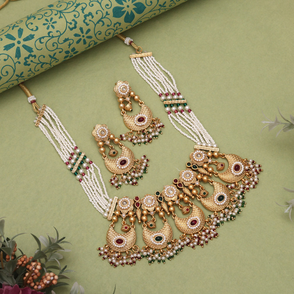 Rani & Green Color Designer Matte Gold Rajwadi Temple Necklace Set