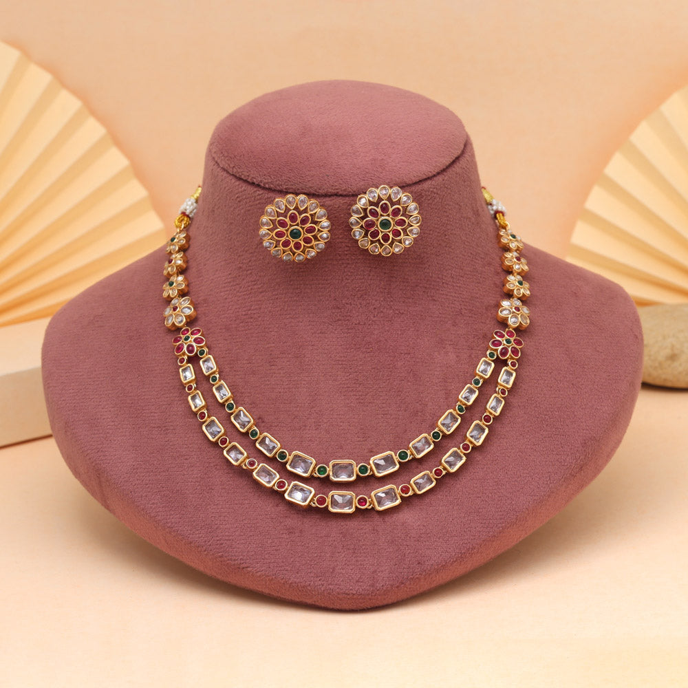 Rani & Green Color Classic Matte Gold Rajwadi Temple Necklace Set