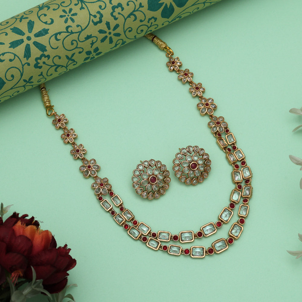 Rani Color Rich Matte Gold Rajwadi Temple Necklace Set