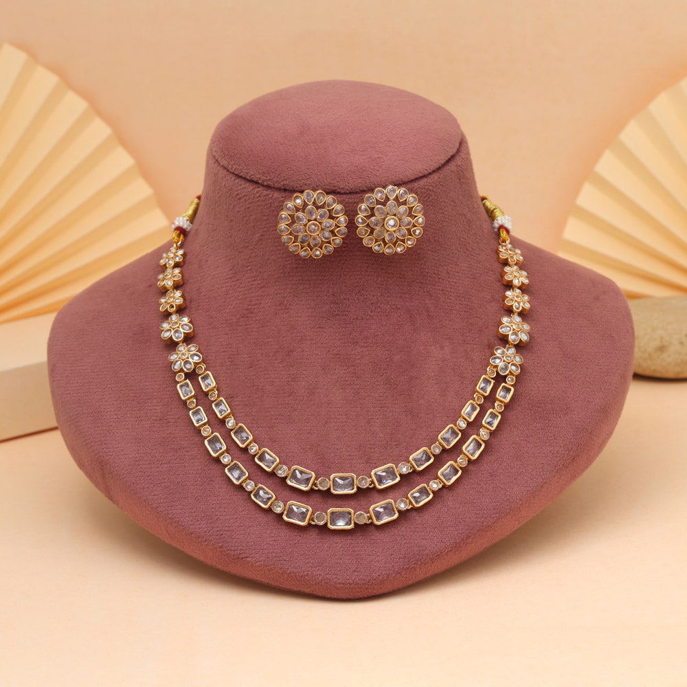 White Color Premium Matte Gold Rajwadi Temple Necklace Set