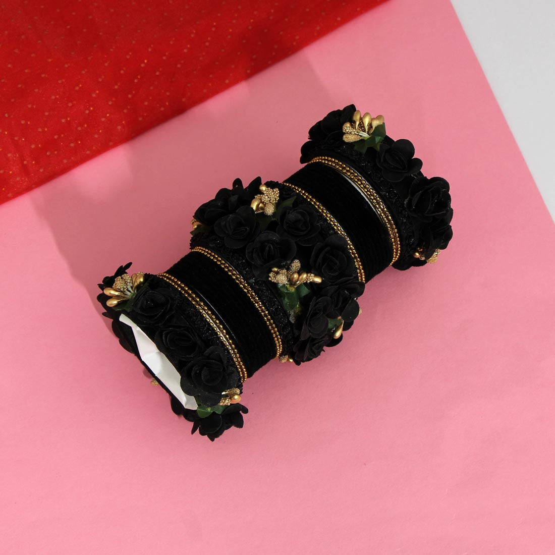 Black Color Floral Bangles Set: 2.4 (TRB157BLK-2.4)