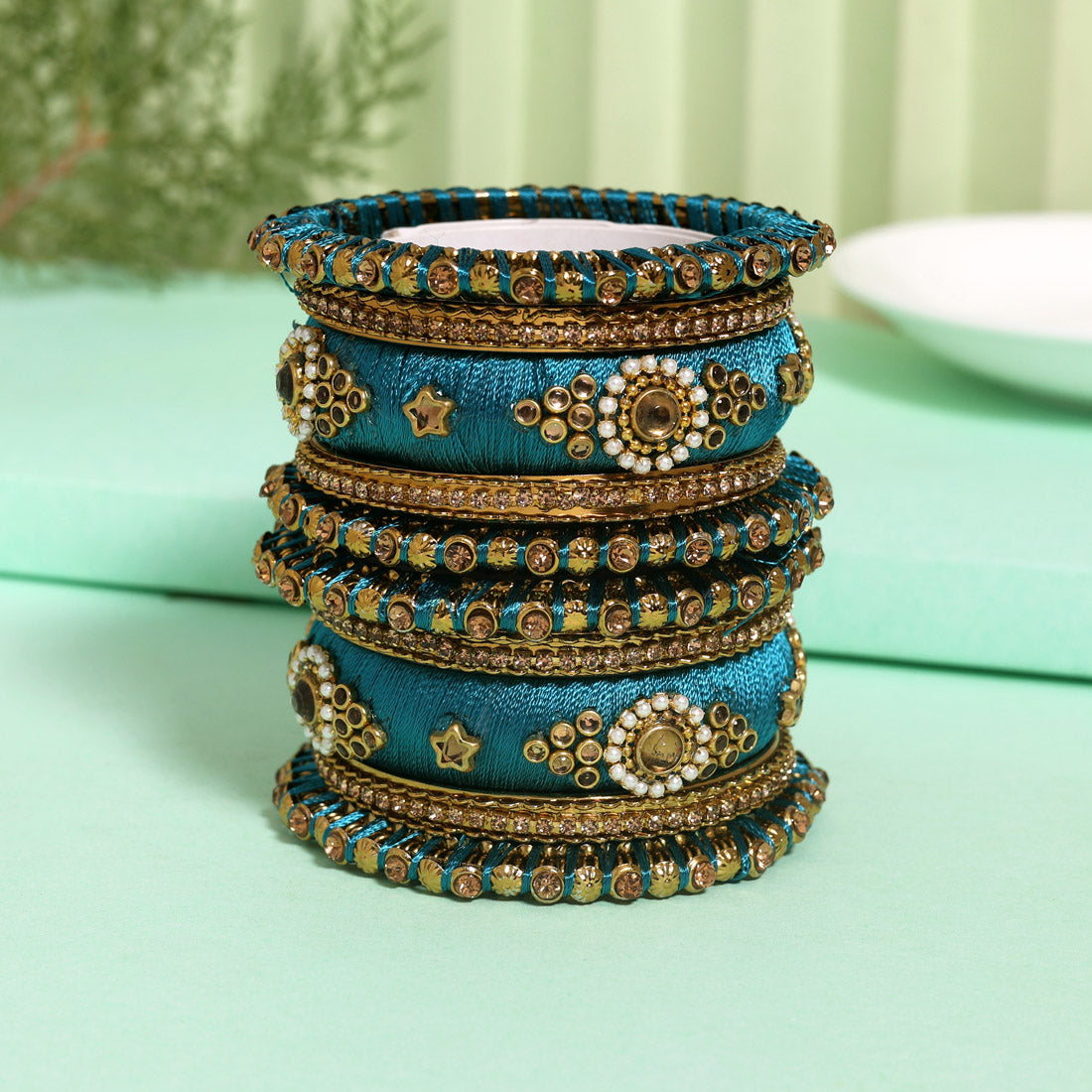 Turquoise Blue Color Thread Bangle Set: 2.8 (TRB179TBLU-2.8)