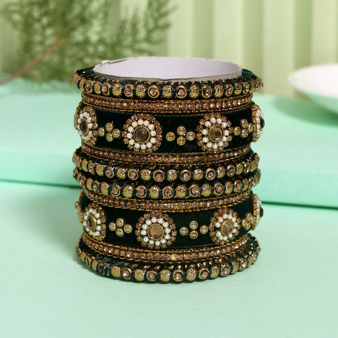 Green Color Velvet Work Bangle Set: 2.6 (TRB180GRN-2.6)