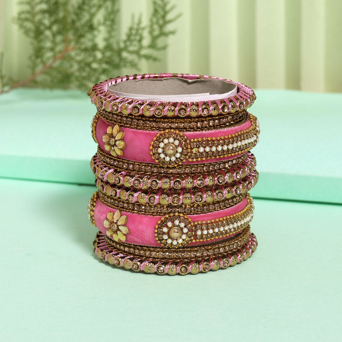 Pink Color Velvet Thread Bangle Set: 2.6 (TRB185PNK-2.6)