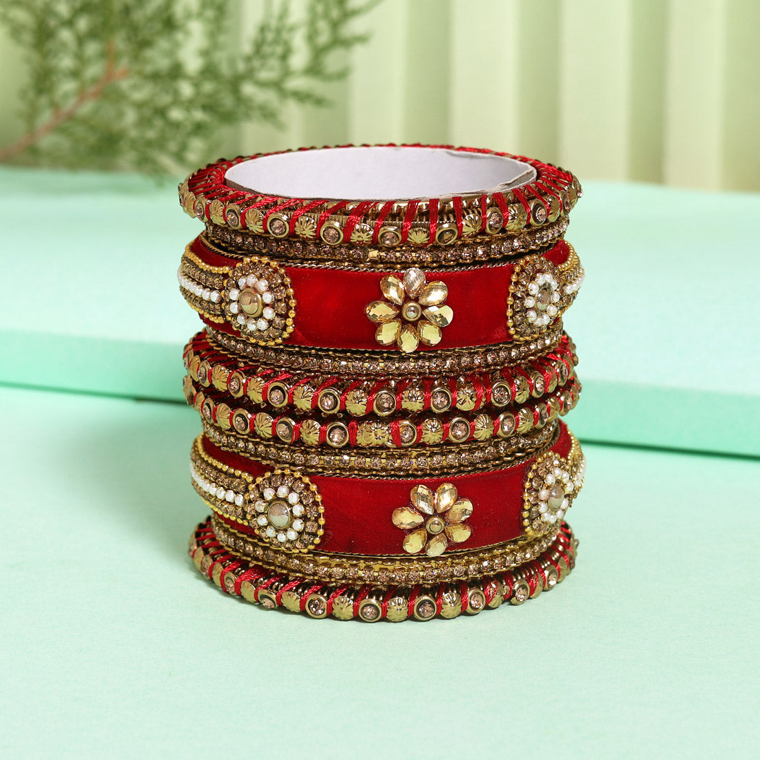 Red Color Velvet Thread Bangle Set: 2.8 (TRB185RED-2.12)