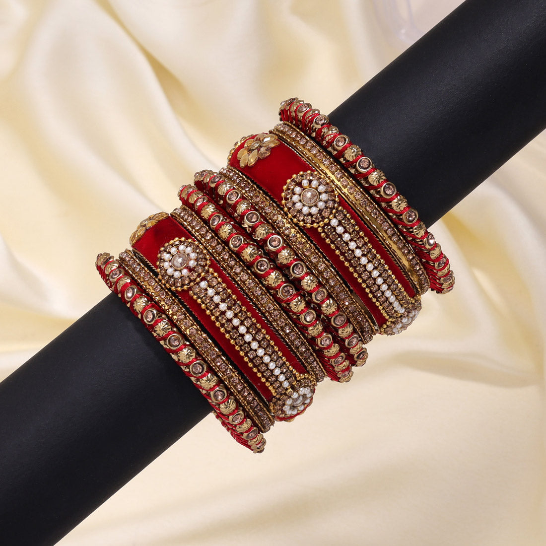 Red Color Velvet Thread Bangle Set: 2.8 (TRB185RED-2.12)