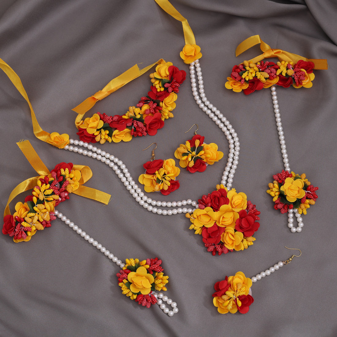 Red & Yellow Color Synthetic Rose Floral Bridal Set (TRN1778REDYLW)