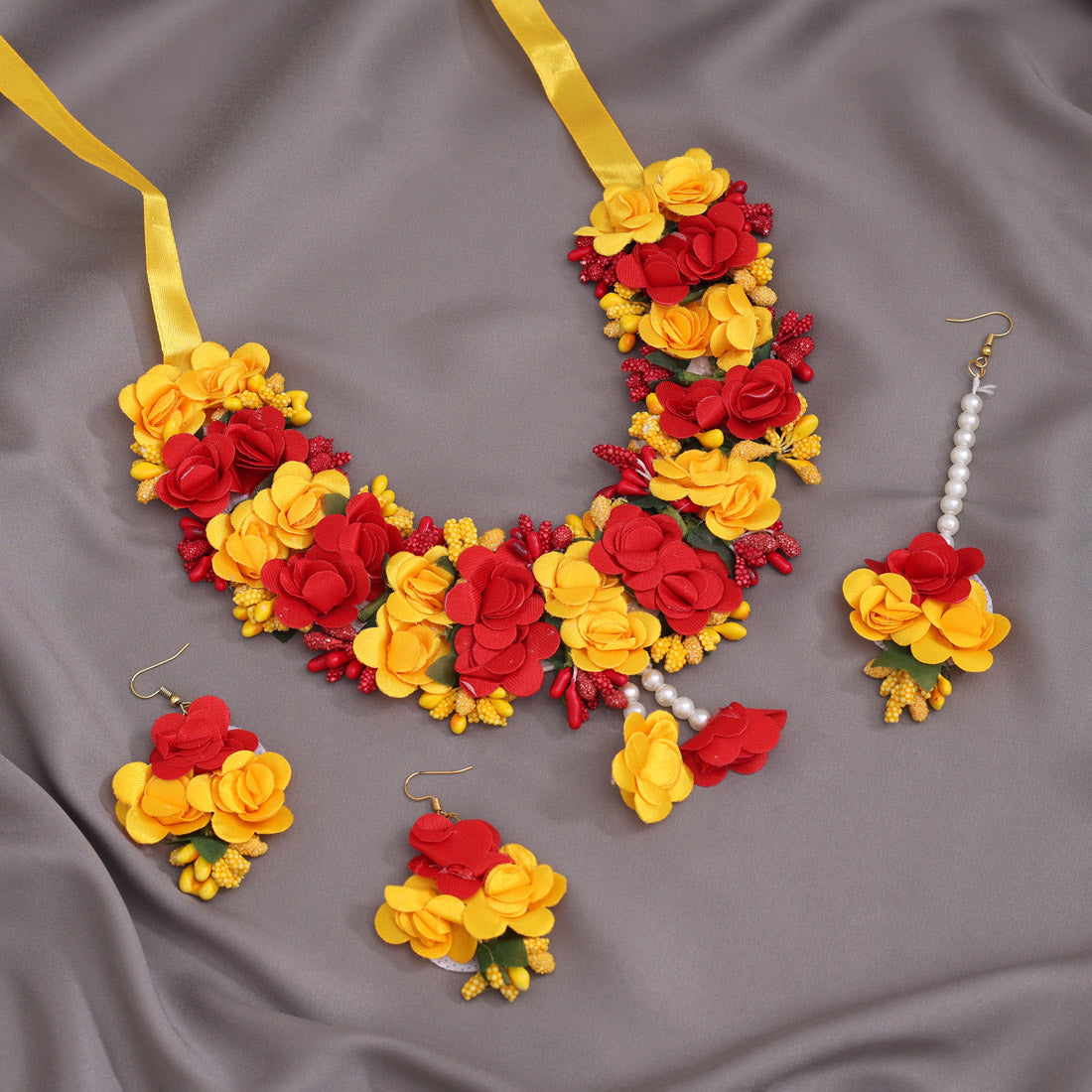 Red & Yellow Color Synthetic Rose Floral Bridal Set (TRN1780REDYLW)