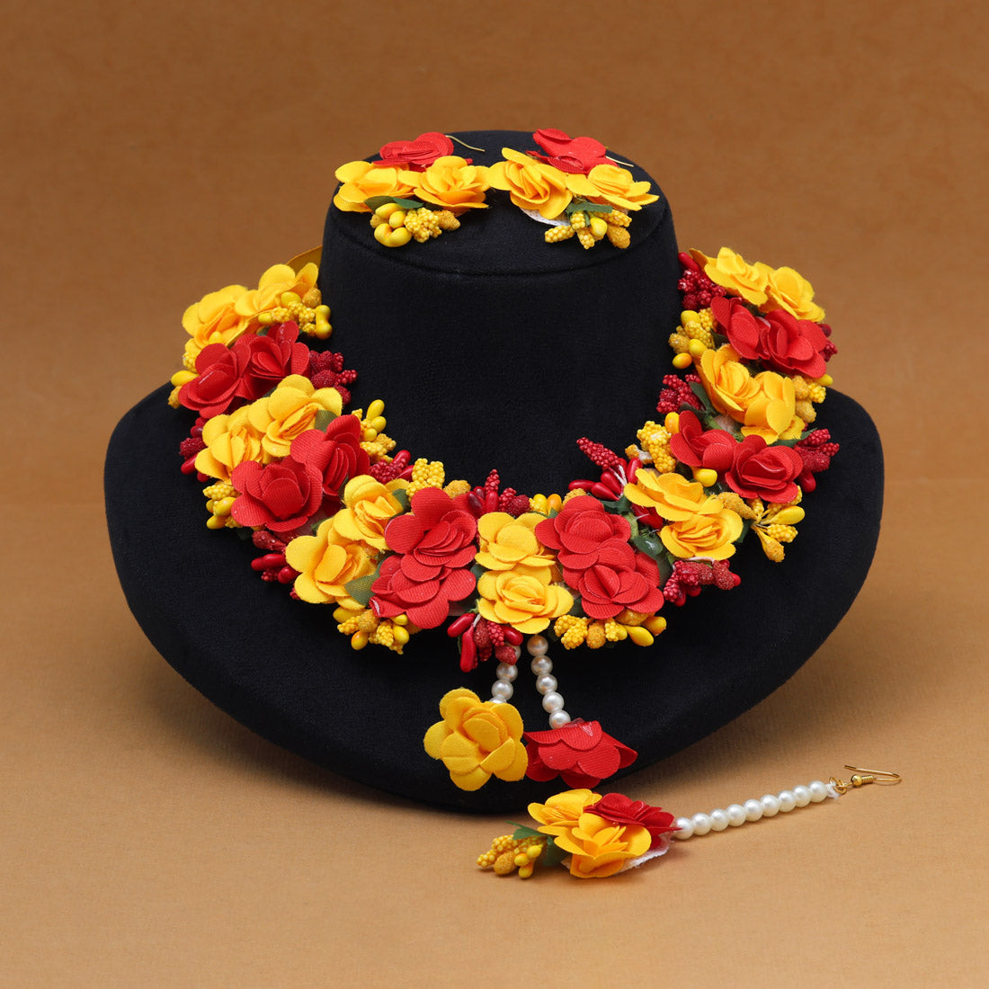 Red & Yellow Color Synthetic Rose Floral Bridal Set (TRN1780REDYLW)