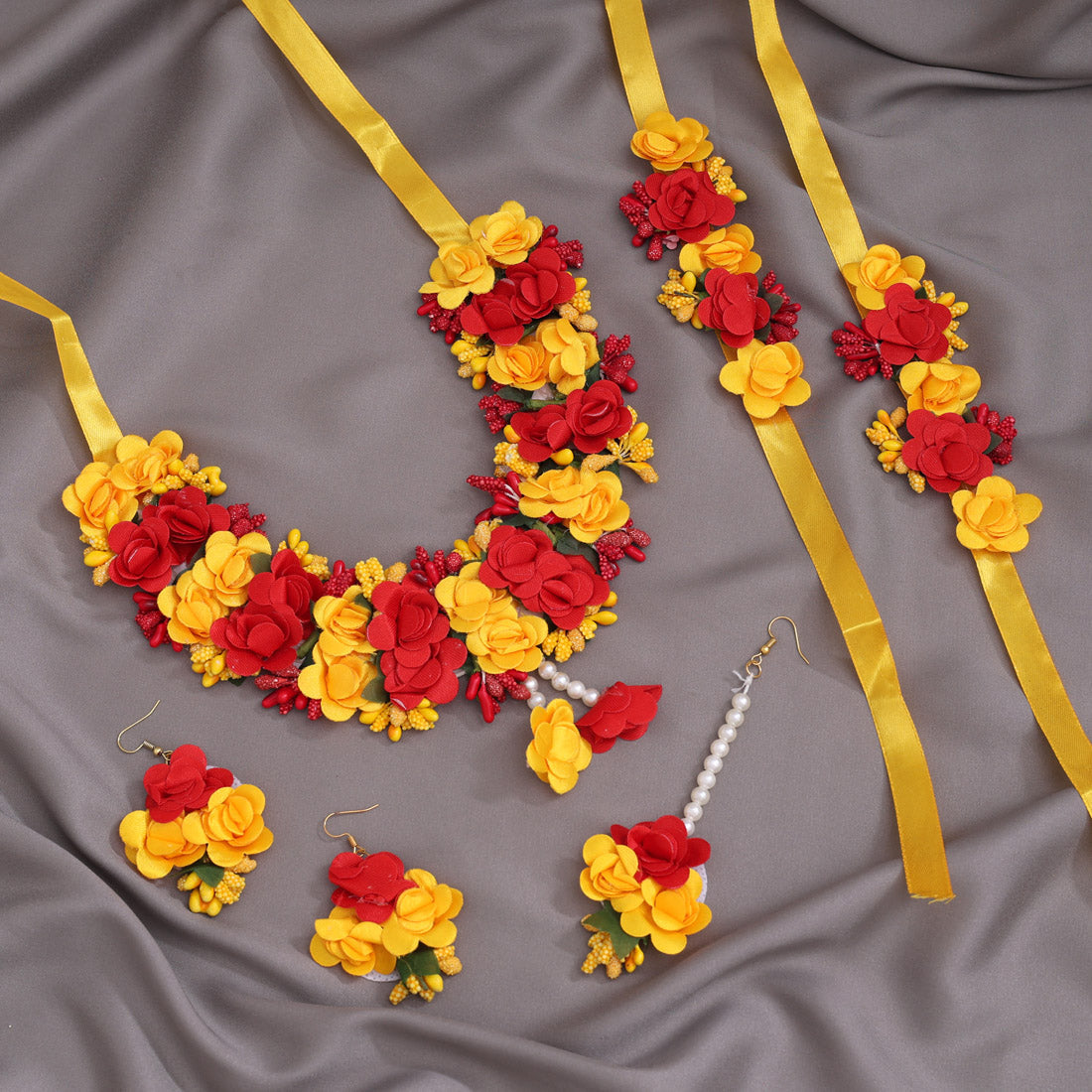 Red & Yellow Color Synthetic Rose Floral Bridal Set (TRN1780REDYLW)