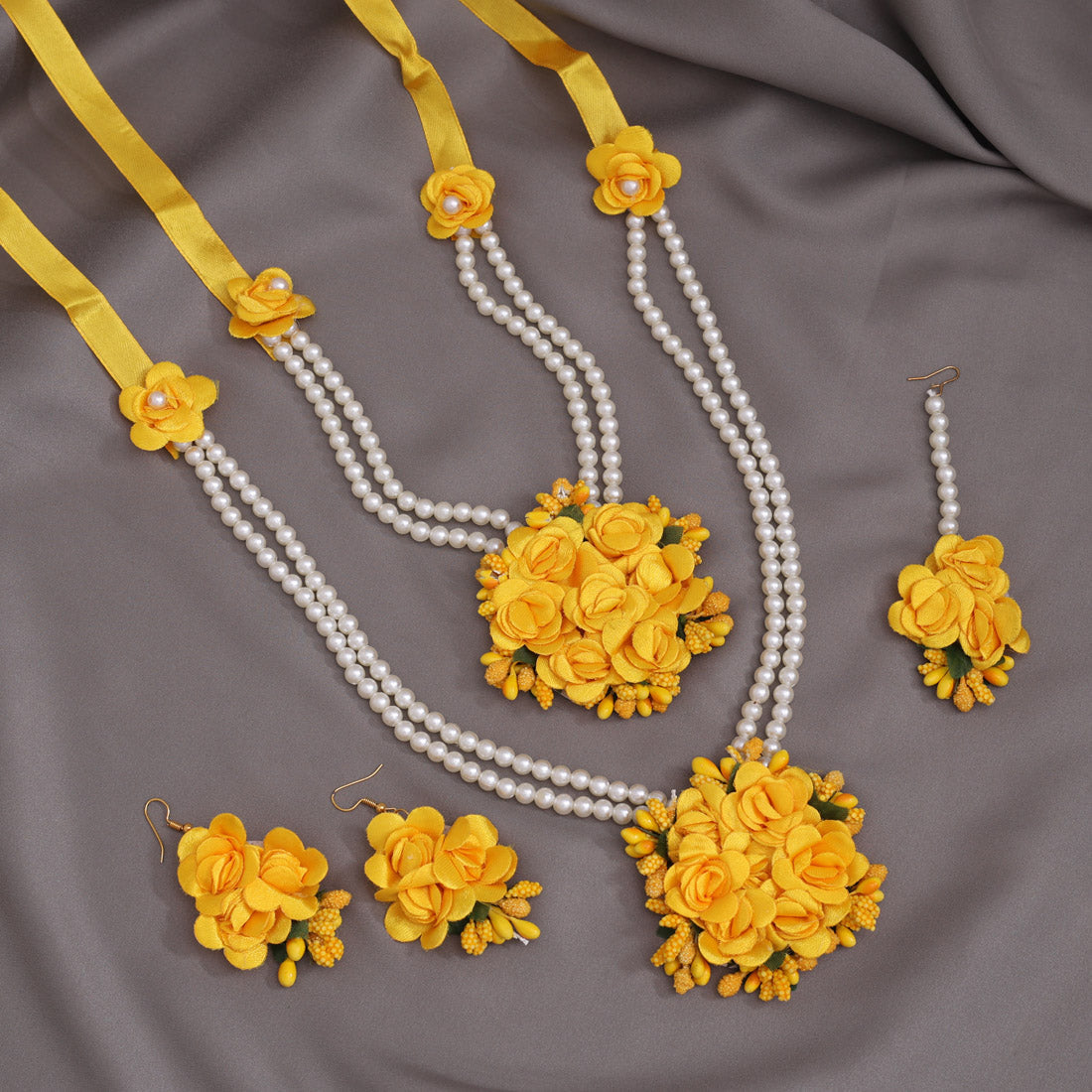 Yellow Color Synthetic Rose Floral Bridal Set (TRN1781YLW)
