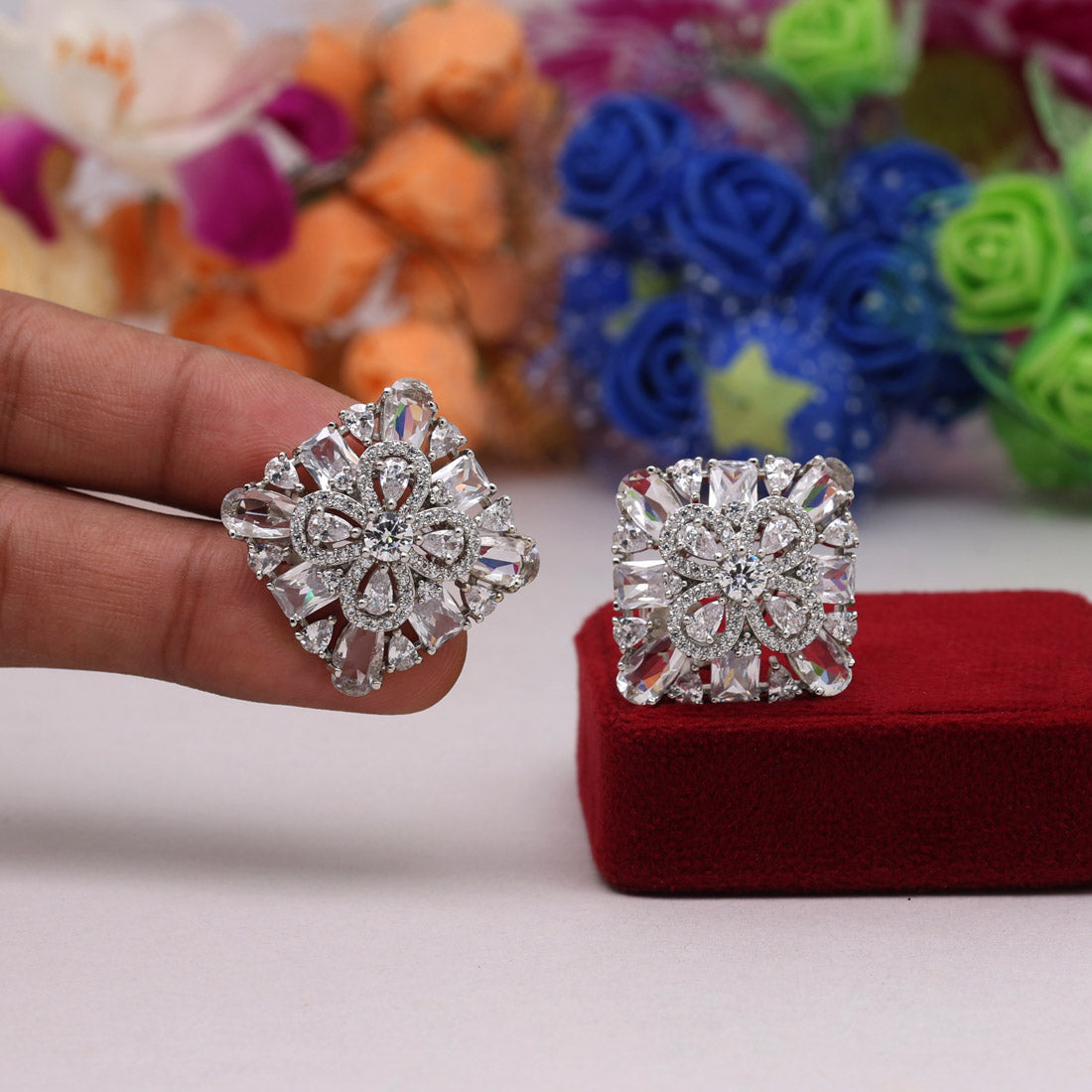 Silver Color American Diamond Stud Earrings (ADE442SLV)