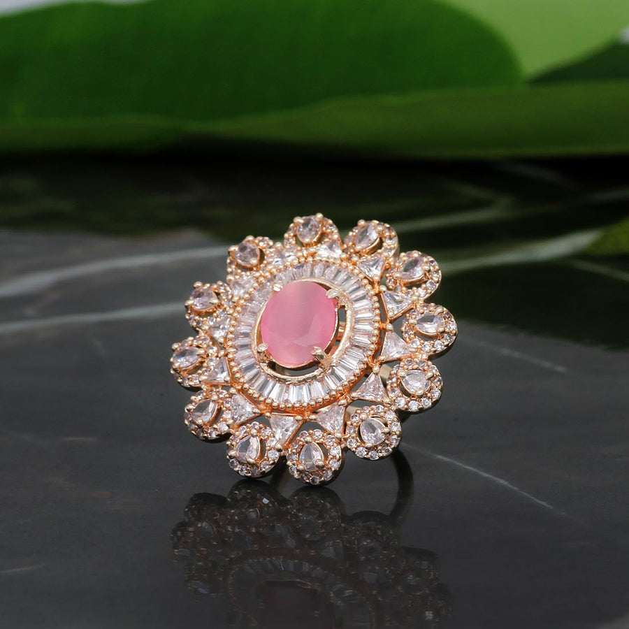 Pink Color Rose Gold American Diamond Finger Brass Ring (ADR304PNK)