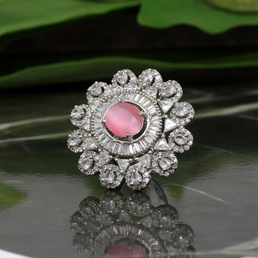 Pink Color American Diamond Finger Brass Ring (ADR305PNK)