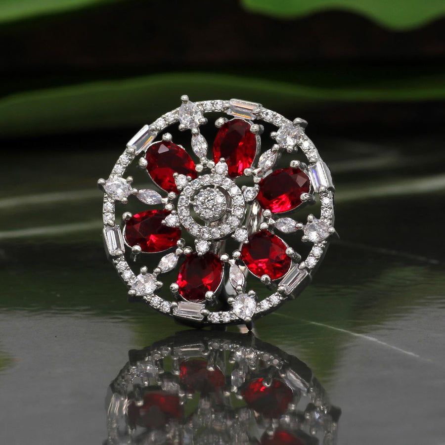 Red Color American Diamond Finger Brass Ring (ADR318RED)