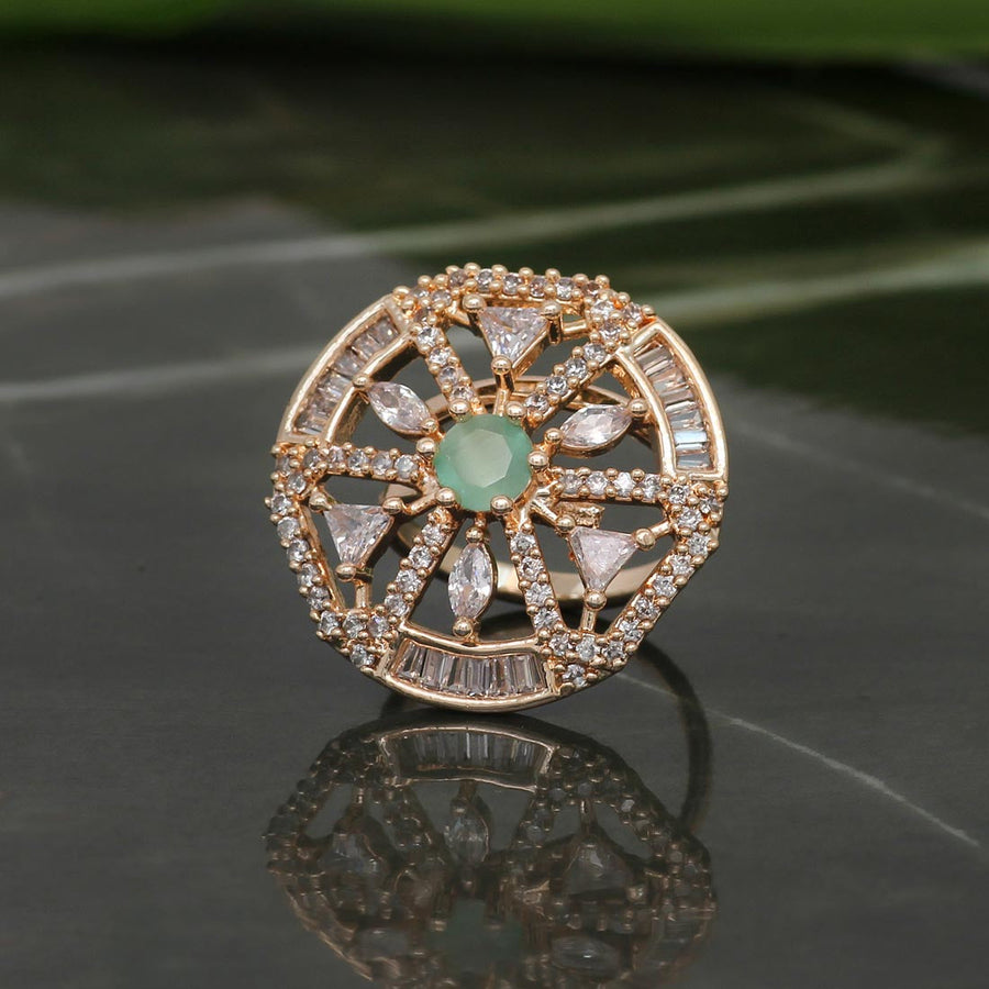 Pista Green Color Rose Gold American Diamond Finger Brass Ring (ADR335PGRN)