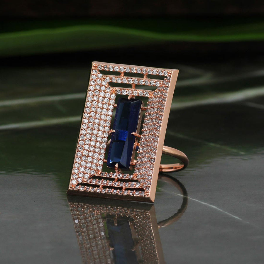 Blue Color Rose Gold American Diamond Finger Brass Ring (ADR345BLU)