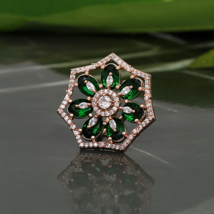 Green Color Rose Gold American Diamond Finger Ring (ADR357GRN)