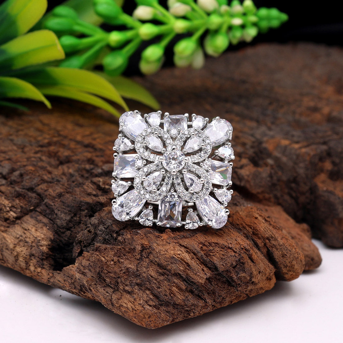 Silver Color American Diamond Finger Ring (ADR496SLV)