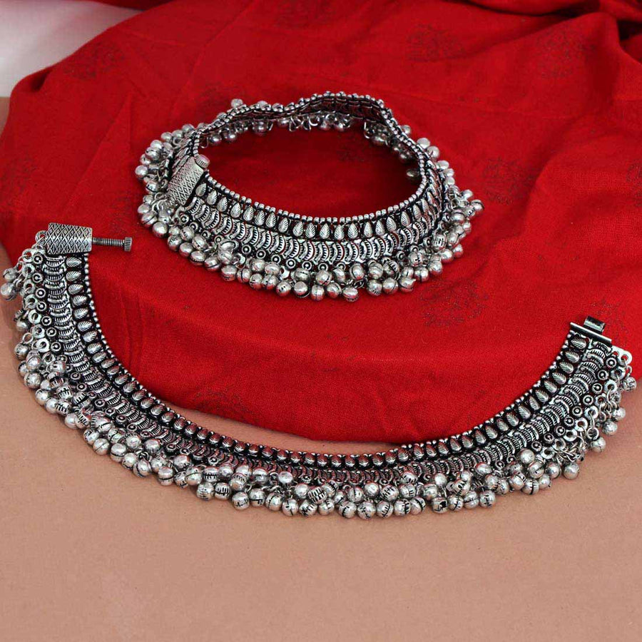 Silver Color Oxidised Anklets (ANK498SLV)