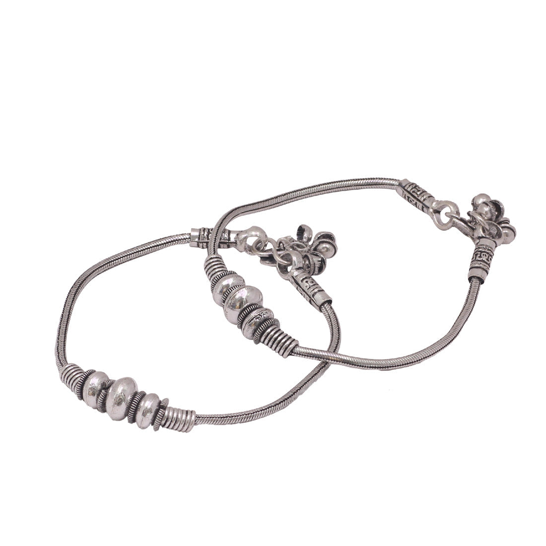 Silver Color Metallic Beads Traditional Look Oxidised Anklets (ANK63SLV)