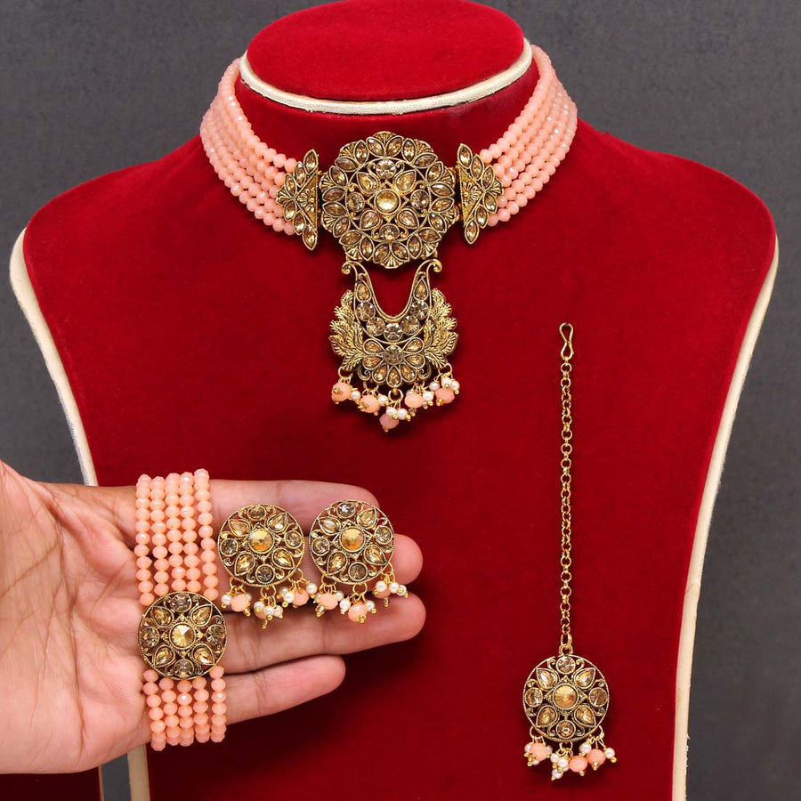Peach Color Plastic Beads Antique Necklace Set (ANTN108PCH)