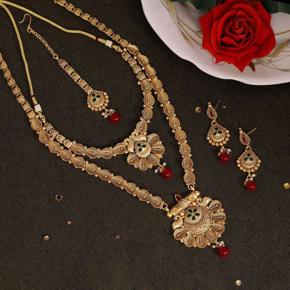 Maroon & Green Color Premium Copper Necklace Set (CPRN205MG)