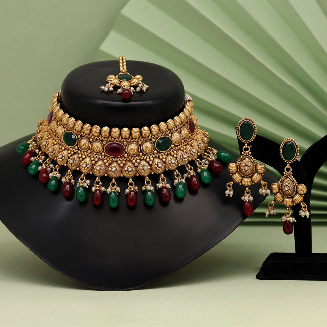 Maroon & Green Color Choker Premium Copper Necklace Set (CPRN209MG)