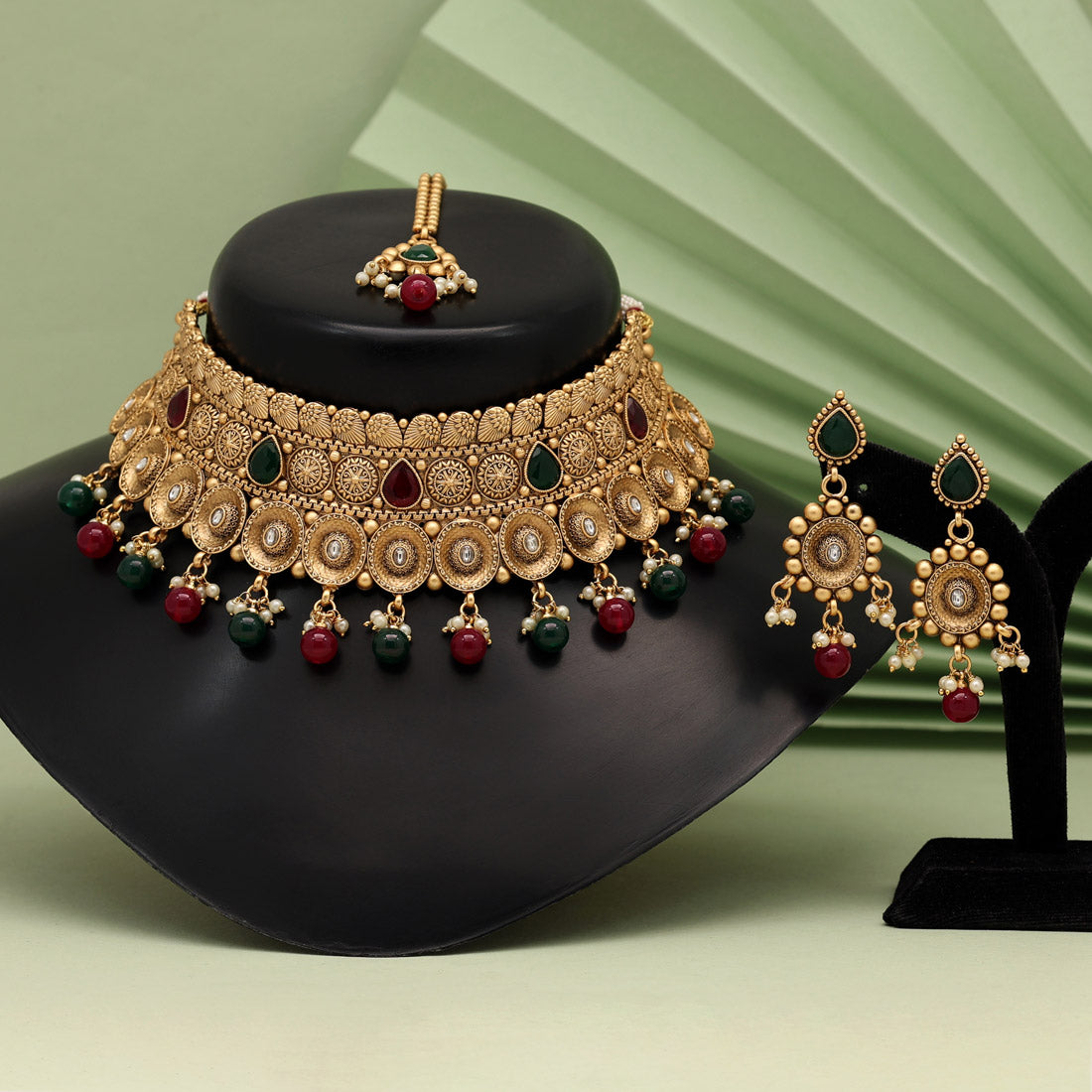 Maroon & Green Color Choker Premium Copper Necklace Set (CPRN211MG)